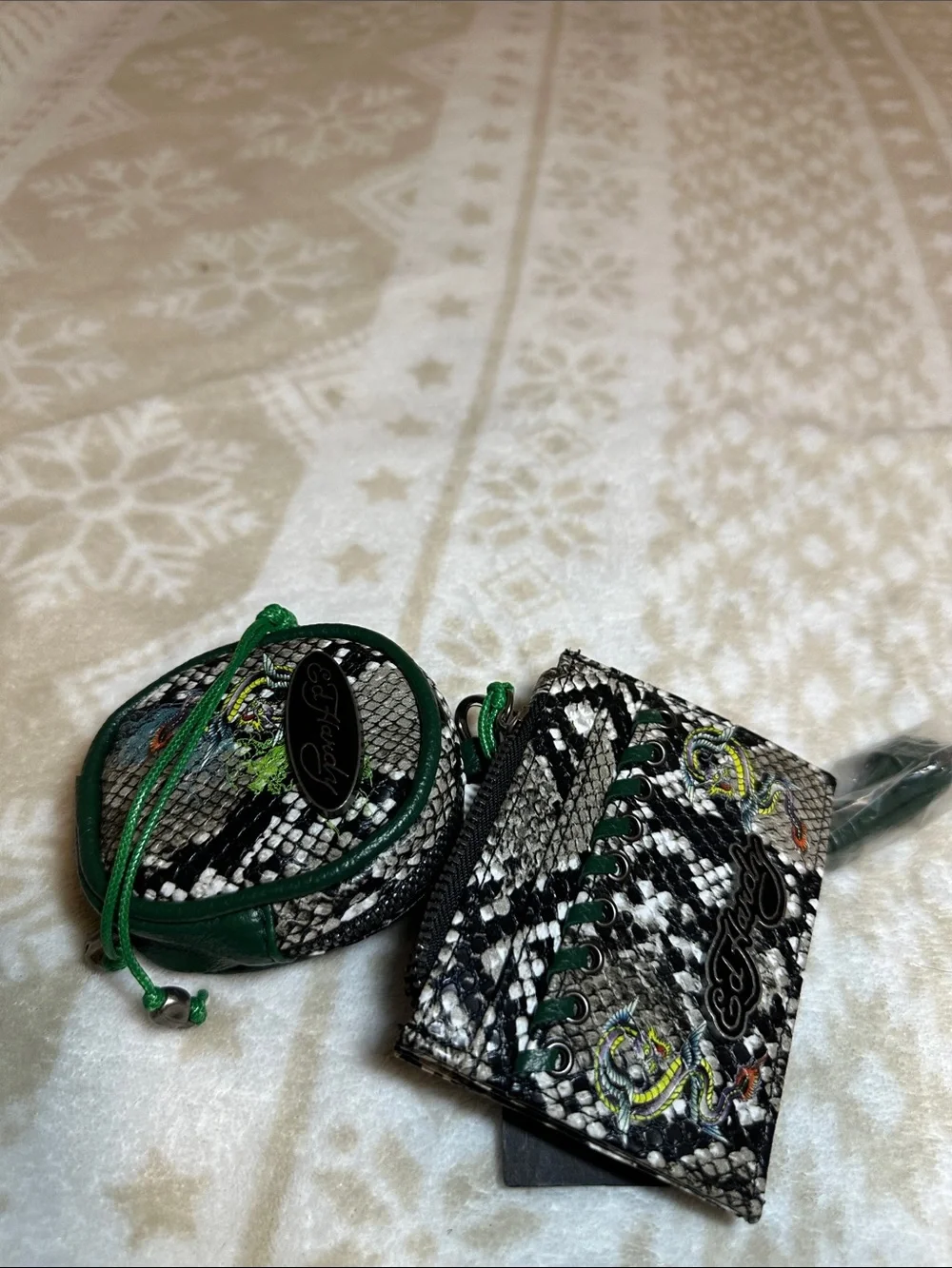 Ed Hardy Black & Green Snake-Print Reptile Accessory Pouch Set